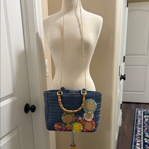 NWOT Haute Hippie Navy Woven Shoulder Bag with Multicolor Floral Appliqués